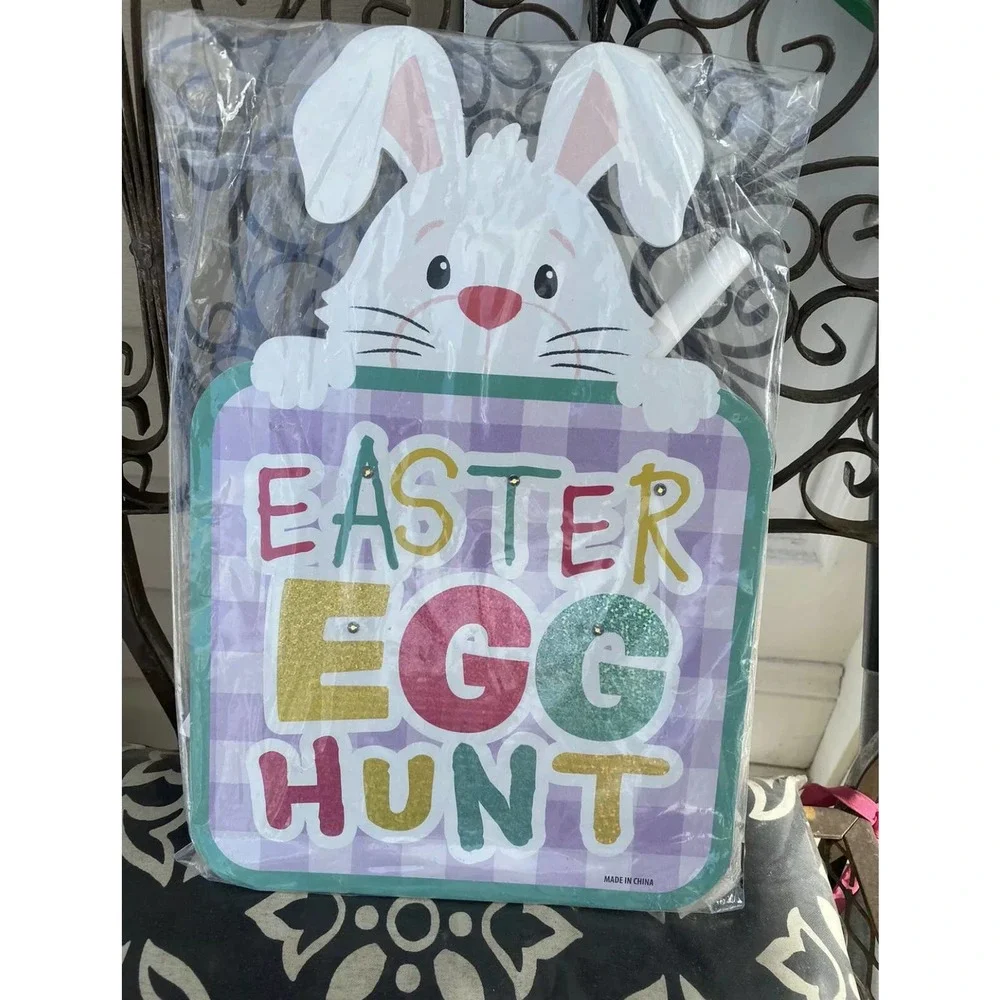 Lighted Light Up Happy Easter Egg Hunt White Bunny Welcome Yard Stake Sign